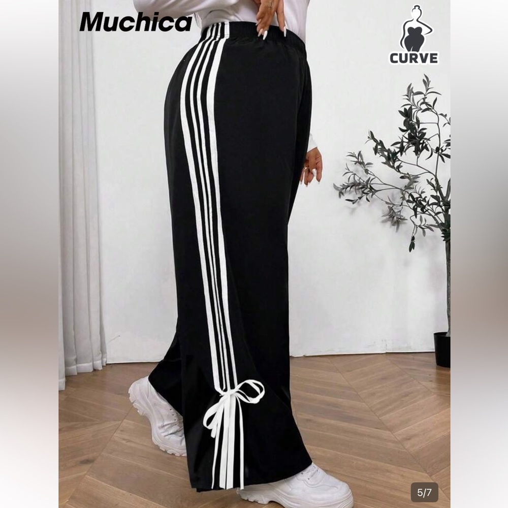 SHEIN 4X elastic waist Black Wide-Leg Track Pants with Side Stripes and Ties - Picture 2 of 5